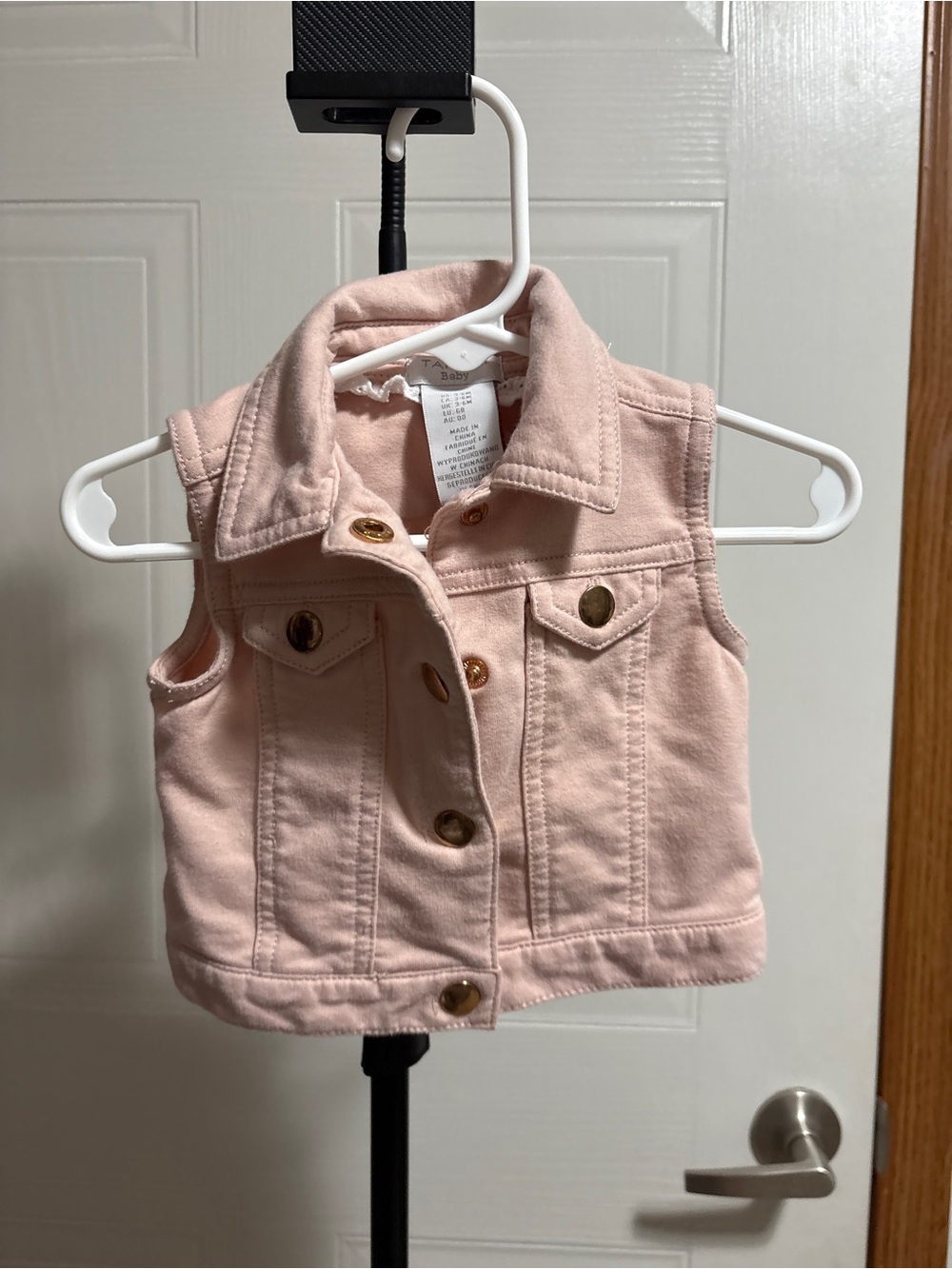Tahari Light Pink Sleeveless Denim Vest with Gold Buttons